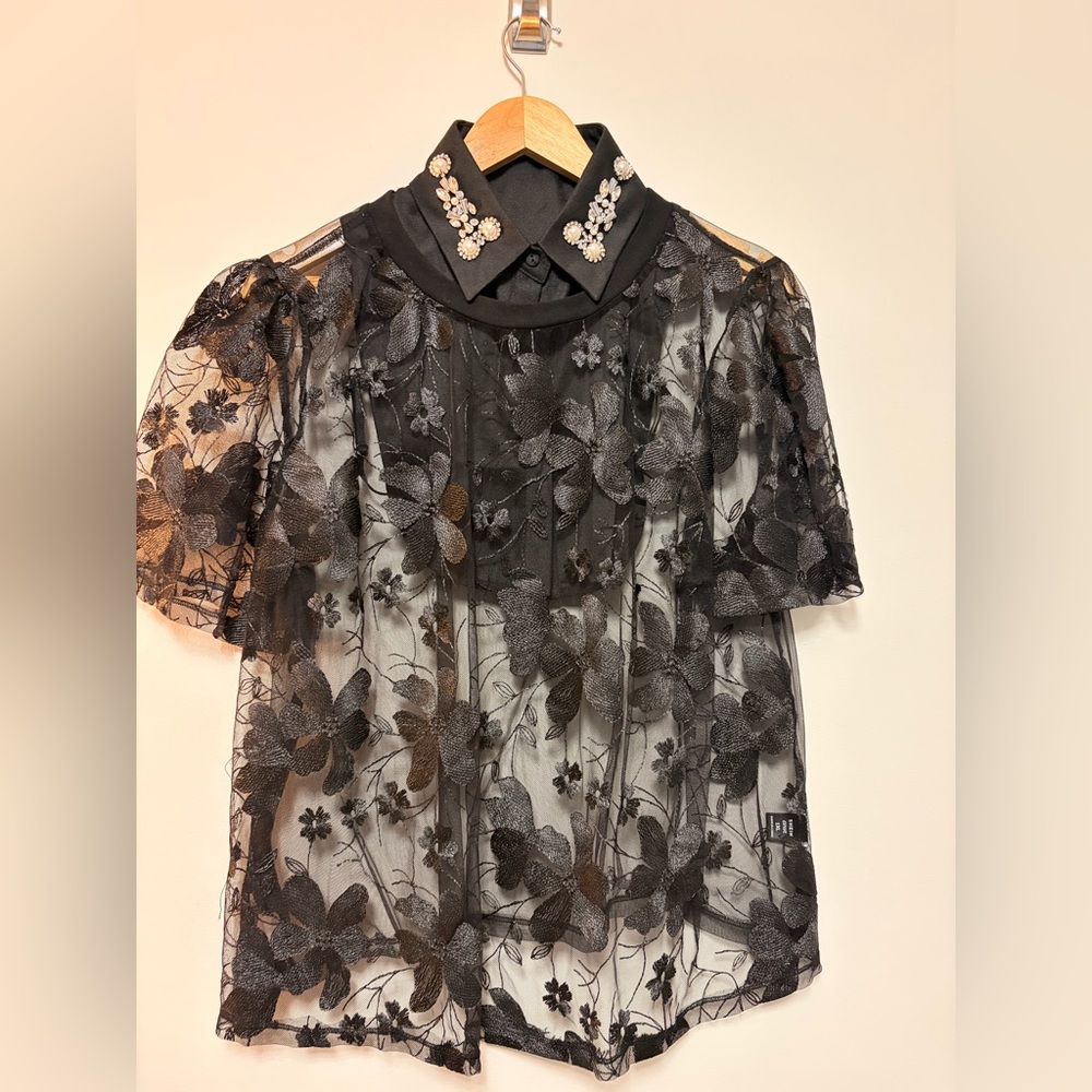 Elegant Black Floral Sheer Top, 2 Tops in One, 1X, SHEIN